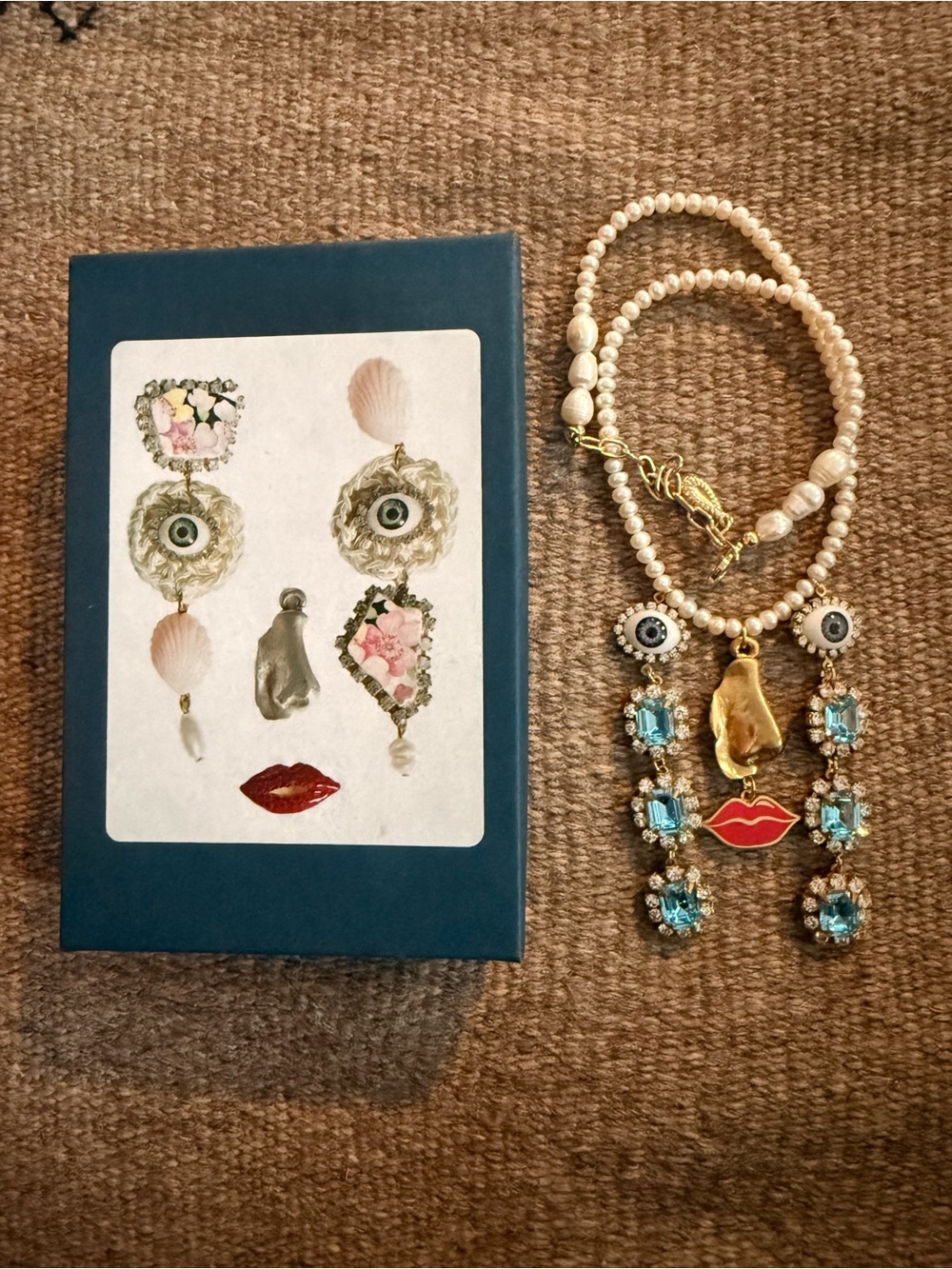 History Time Travel- Pearl Necklace with Rhinestone Tear Drops & Red Lip Charms